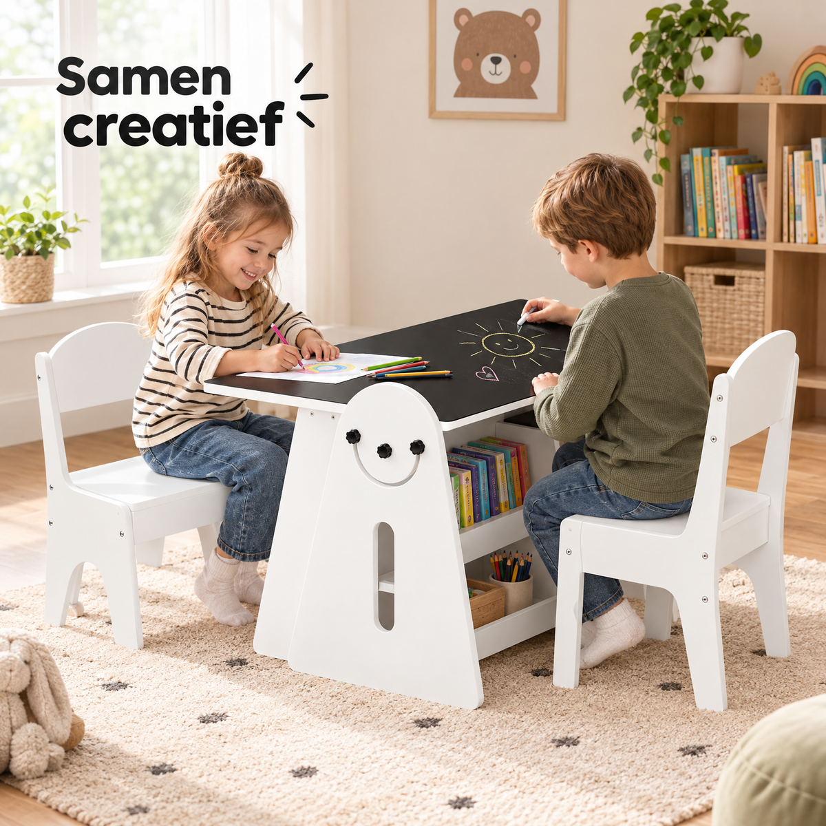 Witte en zwarte kindertafel met 2 stoeltjes en tekenbord, inclusief opbergruimte, geschikt voor kinderen, van BukkitBow