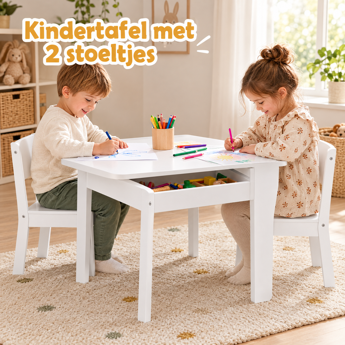 Witte kindertafelset met 2 stoeltjes, omkeerbaar krijtbordblad en opbergruimte, geschikt voor kinderen, van BukkitBow.