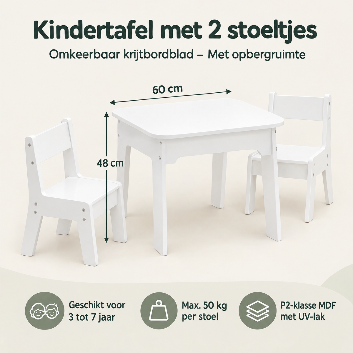 Witte kindertafelset met 2 stoeltjes en omkeerbaar krijtbordblad, inclusief opbergruimte, van BukkitBow