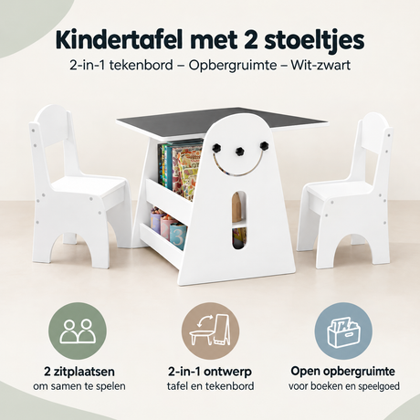 Witte en zwarte kindertafel met 2 stoeltjes en tekenbord, inclusief opbergruimte, ideaal voor creatieve kinderruimtes.