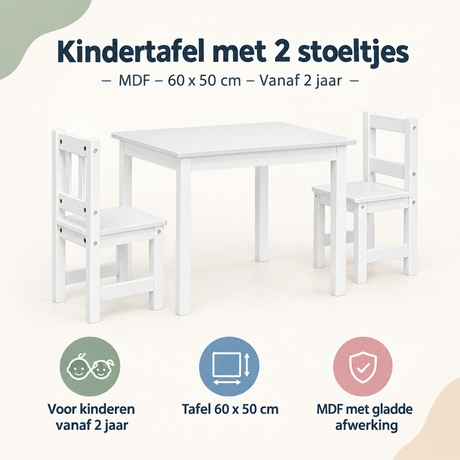 Kindertafel met 2 stoeltjes van MDF voor kinderen vanaf 2 jaar, geschikt voor speel- en leertijd, door BukkitBow.