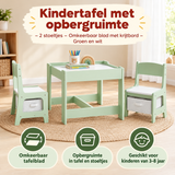 Groene en witte kindertafel met opbergruimte en 2 stoelen, omkeerbaar blad met krijtbord, van BukkitBow voor kinderen.