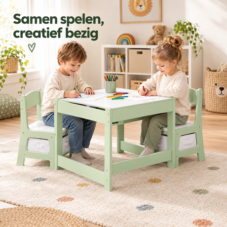 Groene en witte kindertafel met opbergruimte, 2 stoeltjes en omkeerbaar krijtbord, geschikt voor kinderen, van BukkitBow