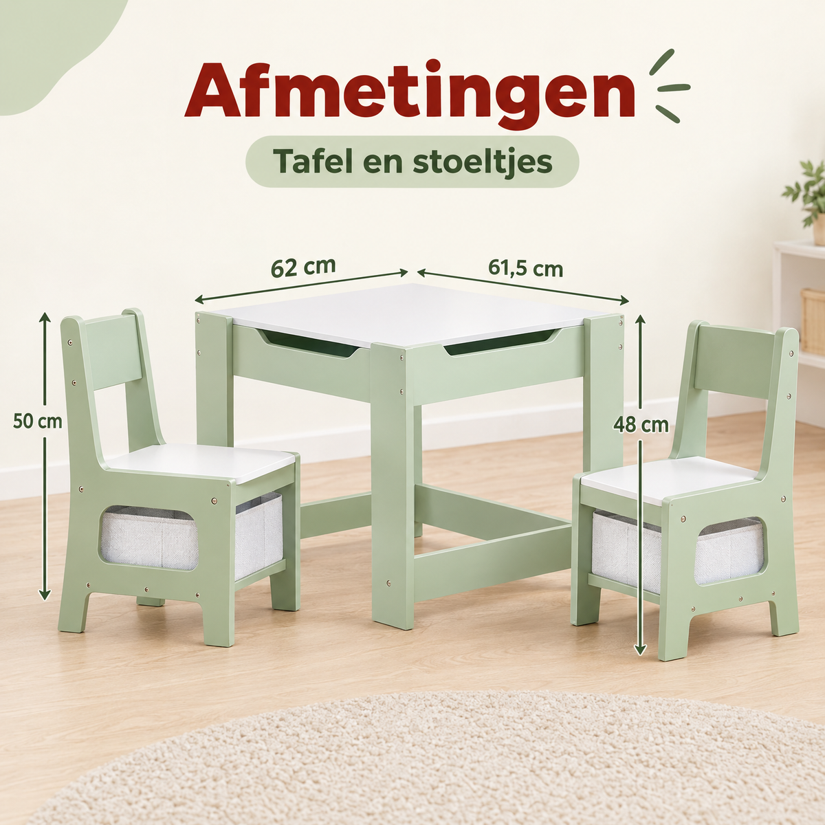 Groene en witte kindertafel met opbergruimte en 2 stoelen, inklapbaar krijtbord, geschikt voor kinderen, van BukkitBow.