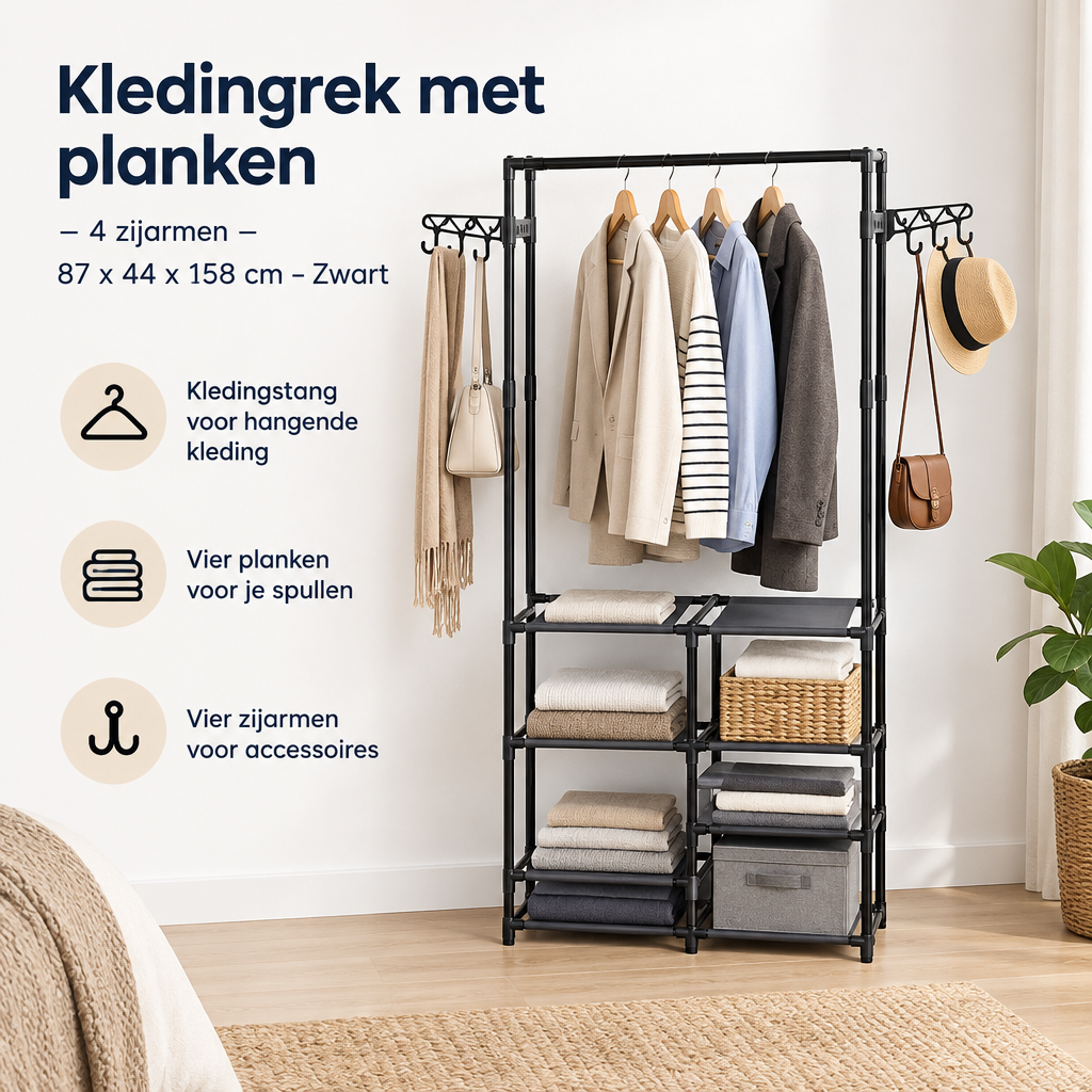 Praktische toepassing en keuzehulp voor kledingrek met planken