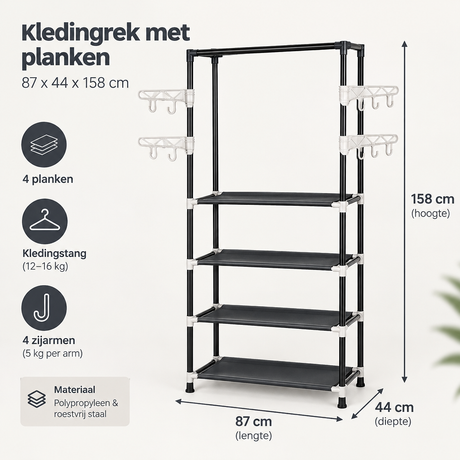 Afmetingen en productspecificaties van kledingrek met planken