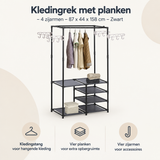 Overzicht van kledingrek met planken met de belangrijkste productvoordelen