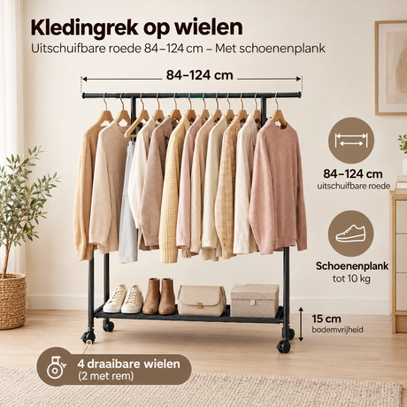 Afmetingen en productspecificaties van kledingrek op wielen