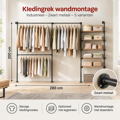 Afmetingen en productspecificaties van kledingrek wandmontage