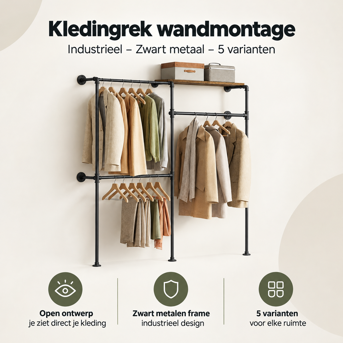 Overzicht van kledingrek wandmontage met de belangrijkste productvoordelen