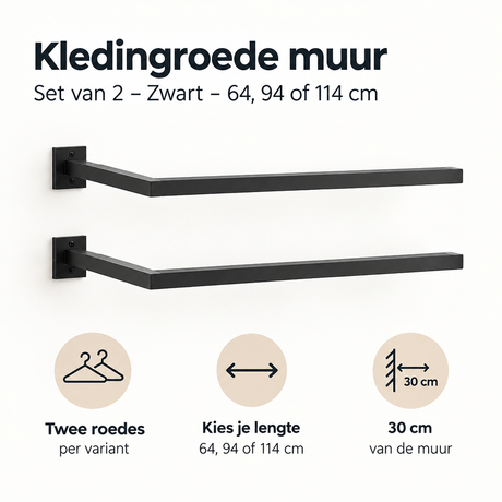 Set van 2 zwarte kledingroedes voor wandmontage, 64, 94 of 114 cm, geschikt voor organiserende kledingopslag.