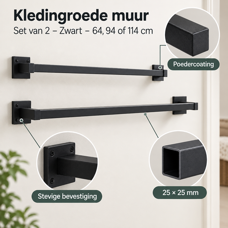 Zwarte wandkledingroede set van 2 van BukkitBow, 64, 94 of 114 cm lang, voor het ophangen van kleding.