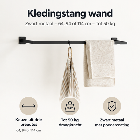 Zwarte wandgemonteerde kledingstang van BukkitBow, metaal, 64, 94 of 114 cm, draagkracht tot 50 kg, voor kleding ophangen.