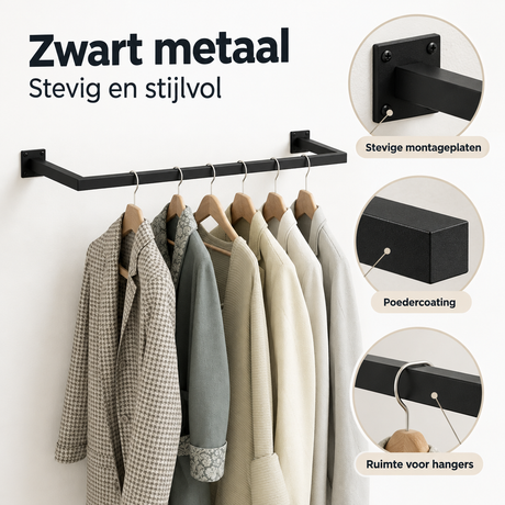 Zwarte wandgemonteerde kledingstang van metaal, beschikbaar in 64, 94 of 114 cm, tot 50 kg, van BukkitBow.