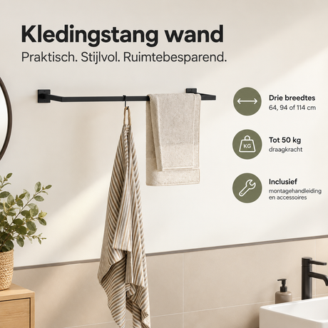 Wandgemonteerde kledingstang van zwart metaal van BukkitBow, 64, 94 of 114 cm, tot 50 kg, geschikt voor kleding ophangen.