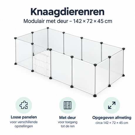 Modulaire knaagdierenren met deur van BukkitBow, 142x72x45 cm, geschikt voor het veilig houden van knaagdieren.