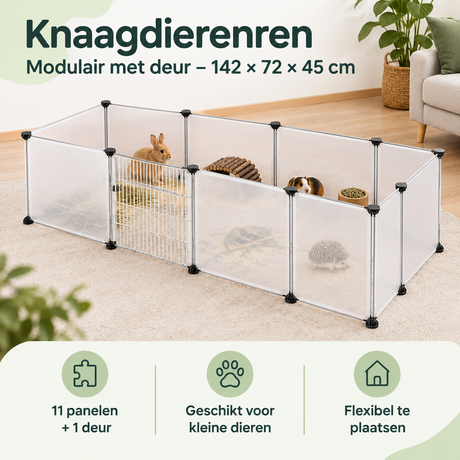 Modulaire knaagdierenren van BukkitBow met deur, 142 x 72 x 45 cm, geschikt voor kleine knaagdieren in een praktische opstelling.
