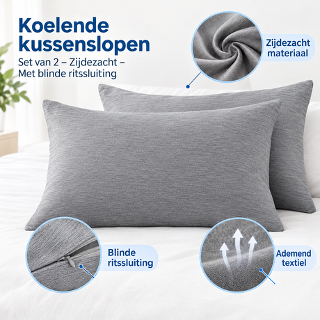 Set van 2 zijdezachte koelende kussenslopen met blinde ritssluiting van BukkitBow, details van het materiaal.