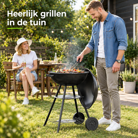 Zwarte BukkitBow kogelbarbecue met deksel en wielen, grillrooster van ca. 41,5 cm voor buitengebruik