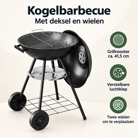 Zwarte BukkitBow kogelbarbecue met deksel, wielen en grillrooster van 41,5 cm, overzicht van kernvoordelen.