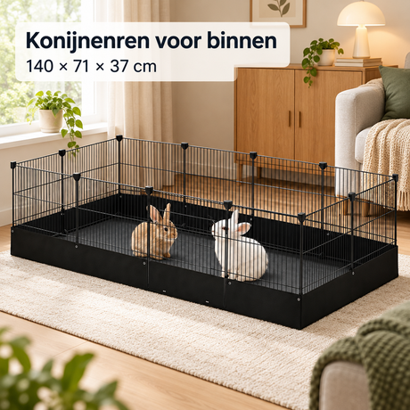 Binnen konijnenren van BukkitBow met bodemmat, deurtje, zwart, 140x71x37 cm voor veilig binnengebruik