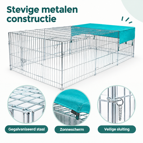 Opvouwbare buiten konijnenren met zonnescherm van BukkitBow, detail van het metalen frame en gaas voor binnen- en buitengebruik