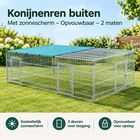 Opvouwbare konijnenren buiten met zonnescherm van BukkitBow, beschikbaar in twee maten, geschikt voor veilige buitenruimte voor konijnen.