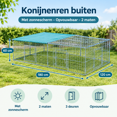 Opvouwbare buiten konijnenren met zonnescherm van BukkitBow, beschikbaar in twee maten, geschikt voor veilige tuinverblijven.