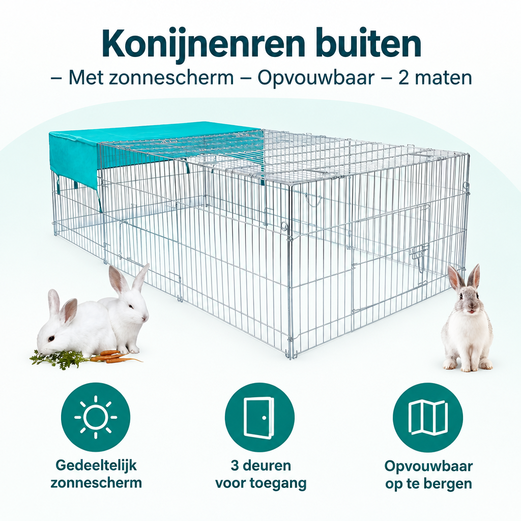 Overzicht van konijnenren buiten met de belangrijkste productvoordelen