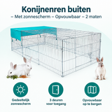 Overzicht van konijnenren buiten met de belangrijkste productvoordelen