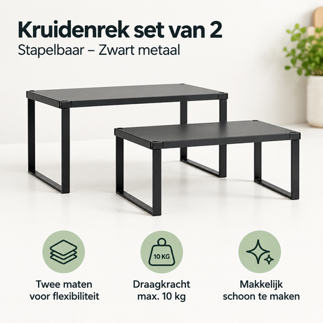 Set van 2 zwarte metalen kruidenrekken van BukkitBow, stapelbaar en ideaal voor het organiseren van kruiden in de keuken.