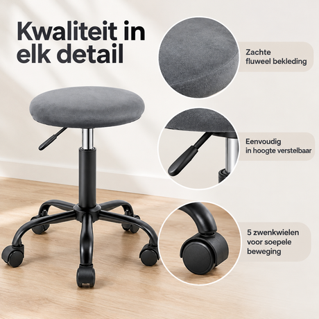 Verstelbare BukkitBow kruk op wielen met ronde zitting en 360° draaibaar, zichtbaar met metalen frame en comfortabele zitting.