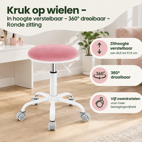 Verstelbare BukkitBow kruk op wielen met ronde zitting en 360° draaibaar, ideaal voor praktische ondersteuning en comfort.