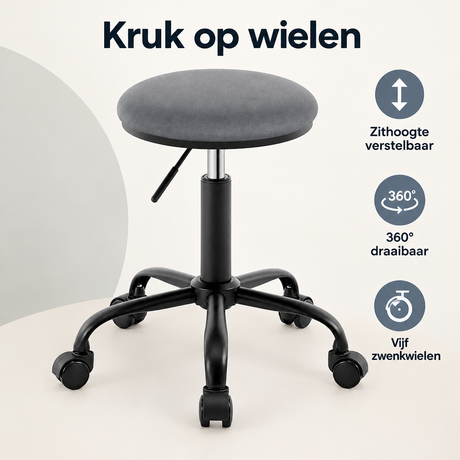 Verstelbare BukkitBow kruk op wielen met ronde zitting, 360° draaibaar en in hoogte verstelbaar voor comfort en veelzijdigheid.