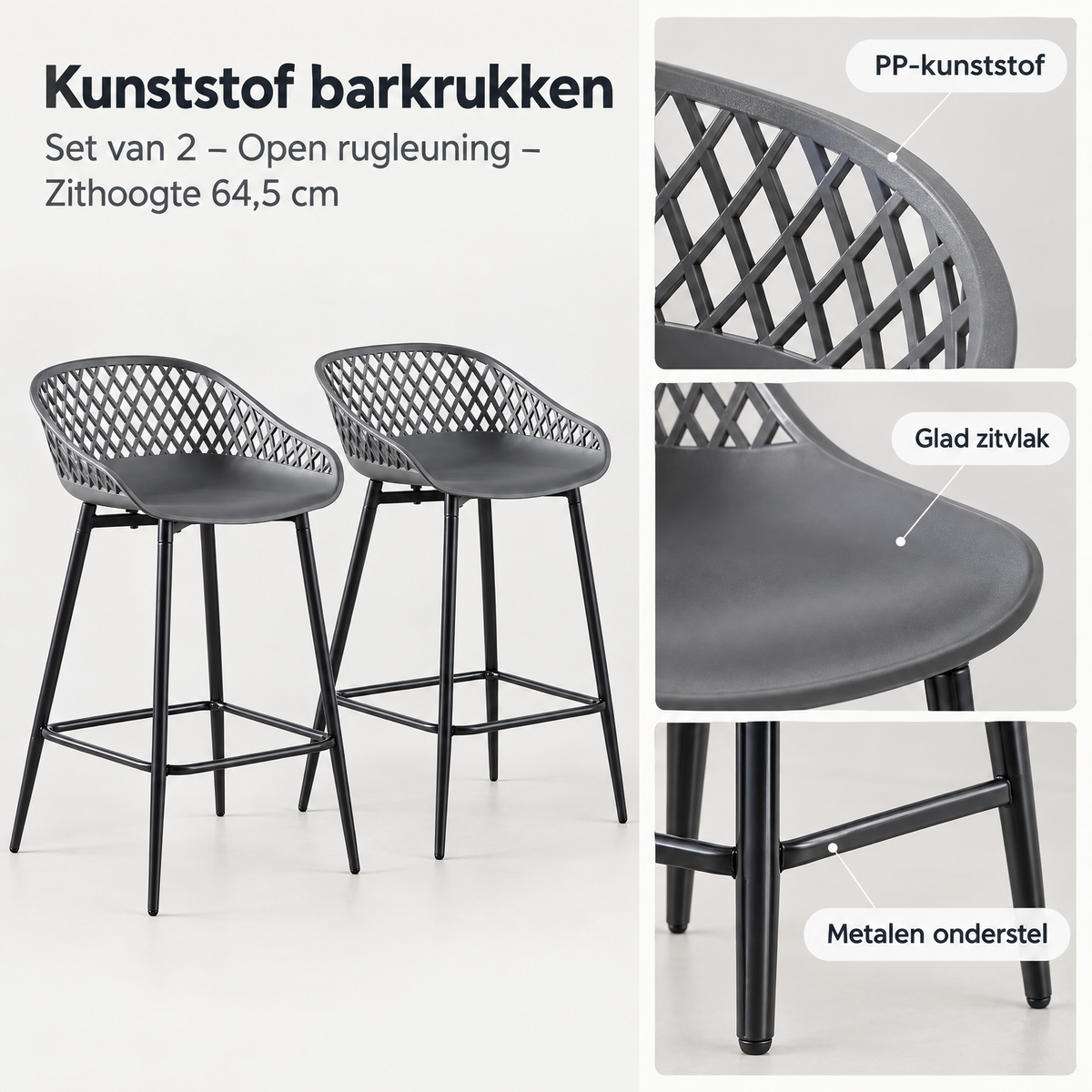 Detail van materiaal en afwerking van kunststof barkrukken
