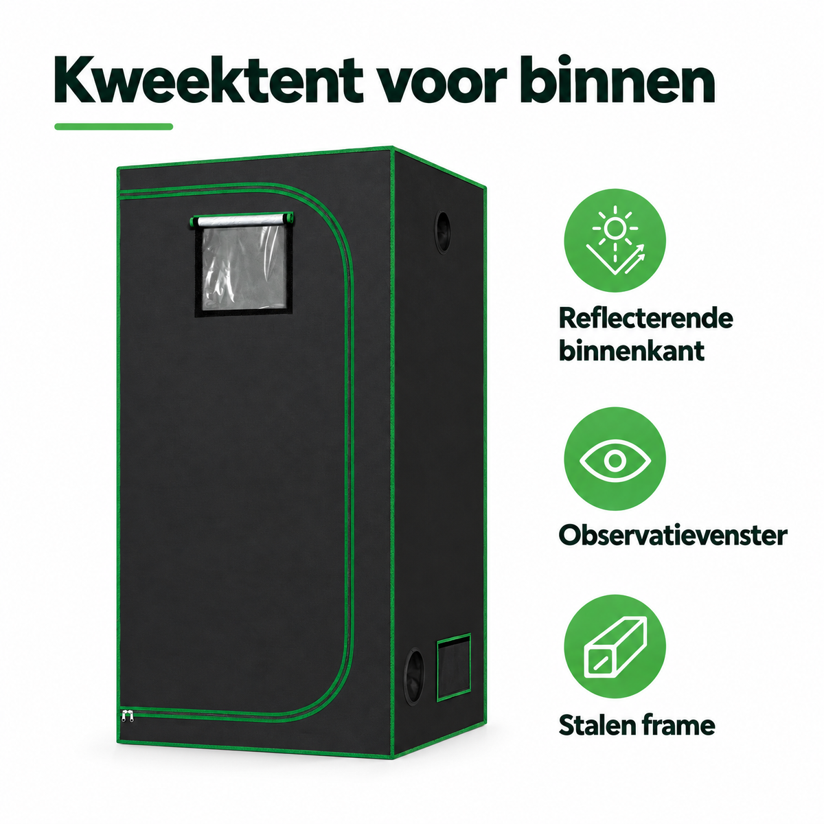 Binnen kweektent van BukkitBow met reflecterende binnenkant, observatievenster en stevig stalen frame.