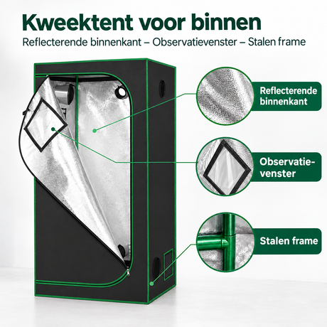 Kweektent voor binnen van BukkitBow met reflecterende binnenkant, observatievenster en stevig stalen frame.
