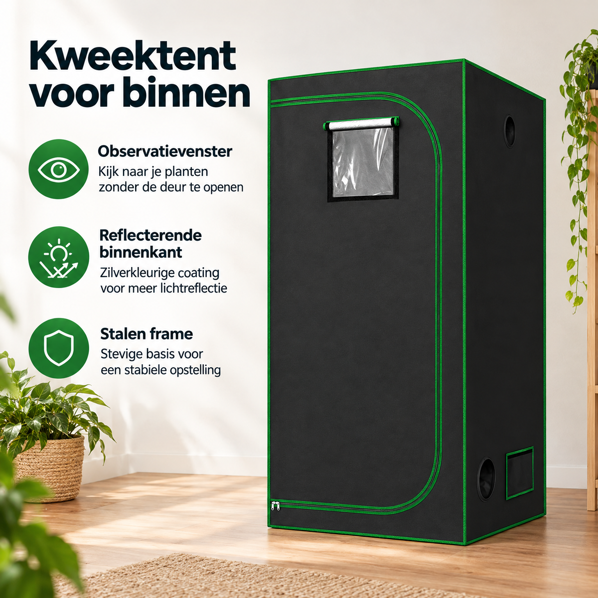 Kweektent voor binnen van BukkitBow met reflecterende binnenkant, observatievenster en stalen frame voor optimale groei.