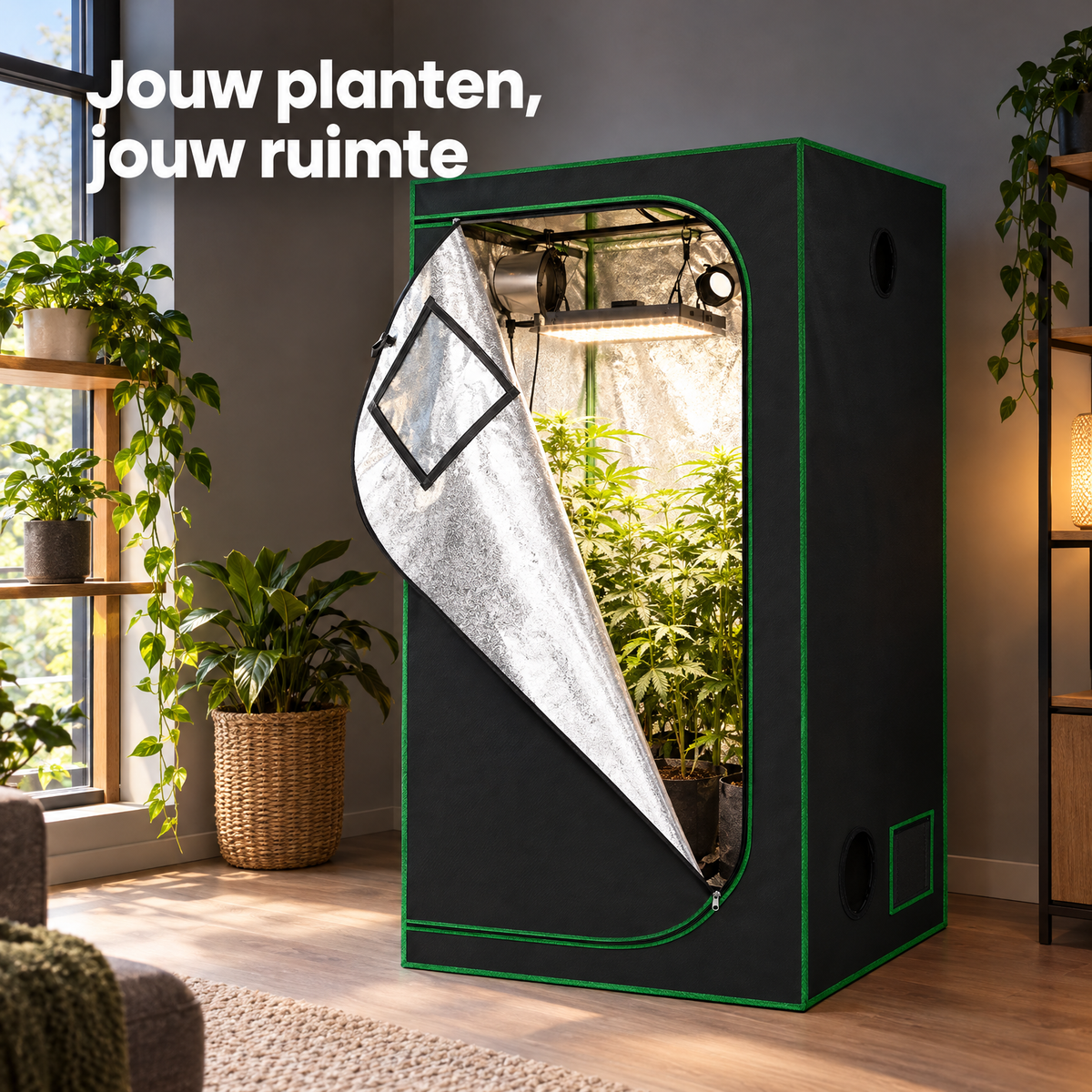 Kweektent van BukkitBow met stalen frame, reflecterende binnenkant en observatievenster voor binnengebruik.