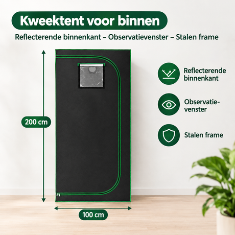 BukkitBow kweektent voor binnen met reflecterende binnenkant, observeerraam en stevig stalen frame voor plantenkweek.