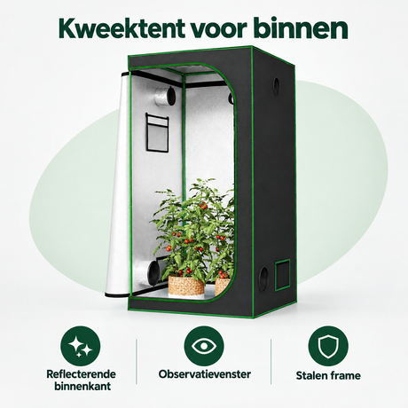 BukkitBow kweektent voor binnen met reflecterende binnenkant, observatievenster en stevig stalen frame, overzicht van kernvoordelen