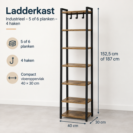 Industriële BukkitBow ladderkast met 5 of 6 planken en 4 haken, zichtbaar in maatvoering specificaties.