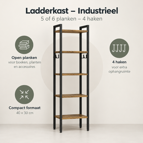 Industriële ladderkast van BukkitBow met 5 of 6 planken en 4 haken, geschikt voor opslag en organisatie.