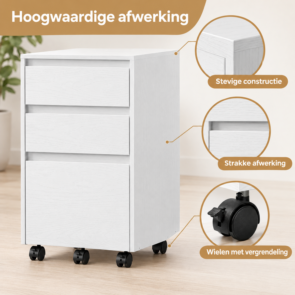 Detail van materiaal en afwerking van ladeblok op wielen