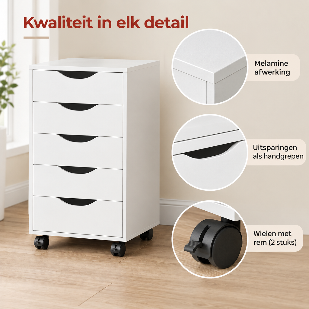Detail van materiaal en afwerking van ladeblok op wielen
