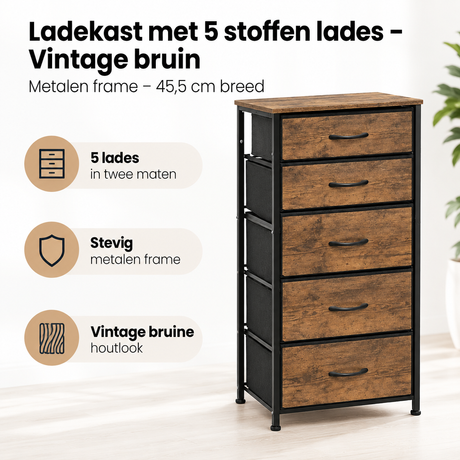 Belangrijkste voordelen en eigenschappen van ladekast met 5 stoffen lades