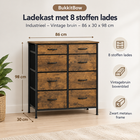 Afmetingen en productspecificaties van ladekast met 8 stoffen lades