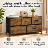 Industriele vintage bruine ladekast met 5 stoffen lades van BukkitBow, 100 cm breed, praktische opbergoplossing