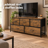 Industriele vintage bruine ladekast met 5 stoffen lades, 100 cm breed, in een stijlvolle woonruimte.