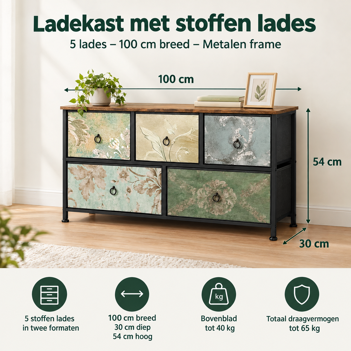 Afmetingen en productspecificaties van ladekast met stoffen lades
